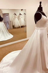 Elegant Satin Spaghetti Straps Backless Long Wedding Dress